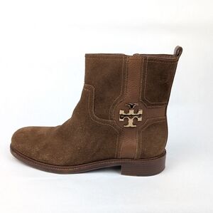 TORY BURCH - Brown Suede Gold Medallion Flat Boots Size 9